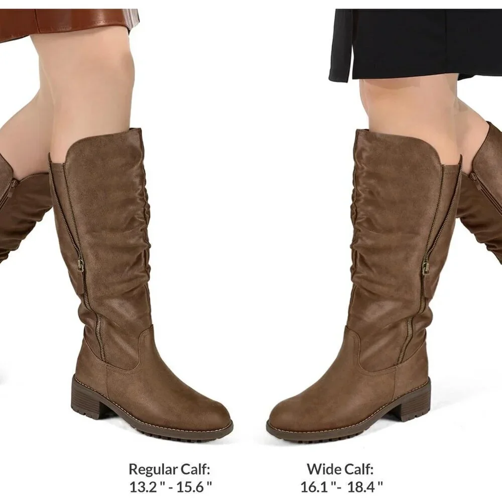 Women's Brown Mysoft Knee High Boots Chunky Heel Lug Sole Side Zipper 2 Inch